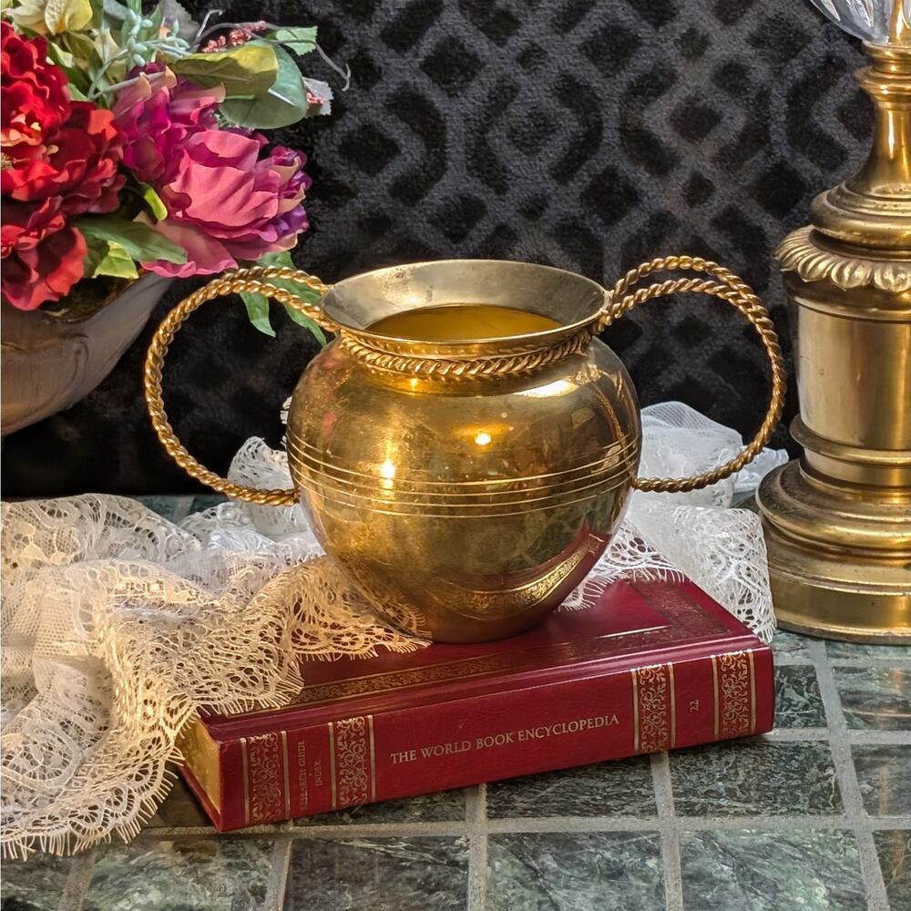 6" Vintage Hammered Solid Brass Planter w/ Two Large Brass Rope Detail Handles